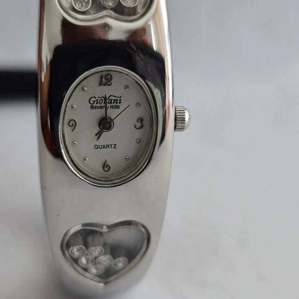 Giovani Beverly Hills Watch Bangle Cuff Silver Heart Floating Crystal UNTESTED